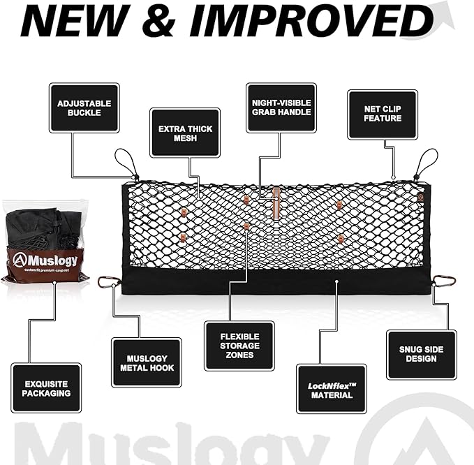 Muslogy Truck Bed Cargo Net Trunk Netting Compatible with 2020-2024 2025 2026 Ford Explorer Accessories, Pickup Cargo Organizer SUV Sedan Storage Net w/Heavy Duty Carabiners