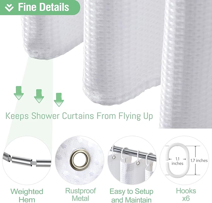 Dynamene Stall Fabric Shower Curtain - Waffle Weave 36 Inches Small Half Size Heavy Duty Cloth Shower Curtains for Bathroom, 256GSM Narrow Hotel Bath Curtain Set with 6 Plastic Hooks(36Wx72H, White)