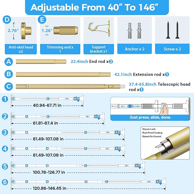 AIZESI 41-144 Inch Heavy Duty Gold Tension Curtain Rod - No Drilling, Adjustable, Rust-Proof for Outdoor, Living Room, Bathroom