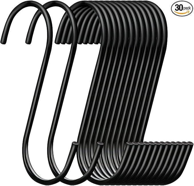 ESFUN 30 Pack 3.7 inch Length S Hooks Black Steel S Shaped Hooks for Hanging Jeans Pans Pots Plants Bags Towels Kitchen Closet Hooks Hanger, Fit The Rod Dia Less than1 inches