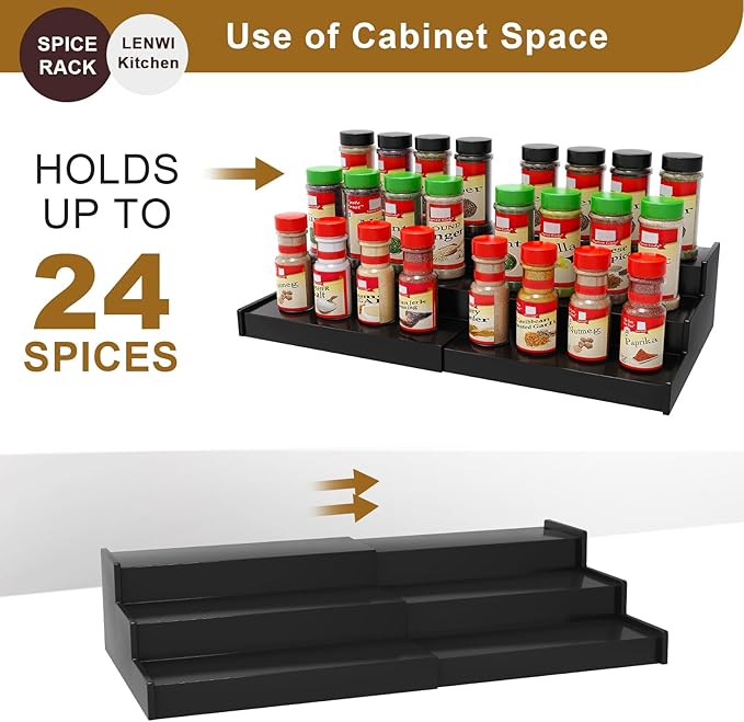 Spice Rack Organizer for Cabinet, 3 Tier Expandable Bamboo Spice Storage for Kitchen Cupboard Pantry, Black