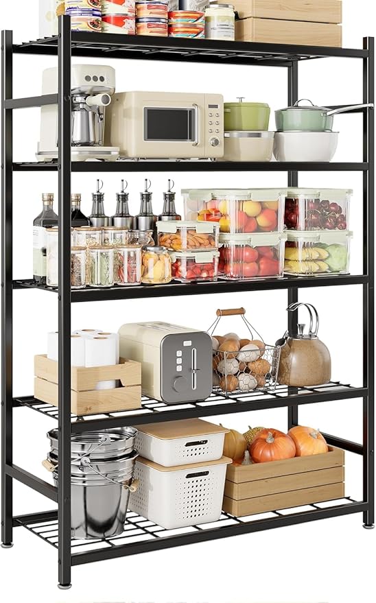 Wide Storage Shelves, 5-Tier Metal Shelving Unit with Adjustable Feet, Compact Shelf Organizer for Garage, Kitchen, Pantry and Closet Organization, 36.4" x 11.8" x 68.3", Black