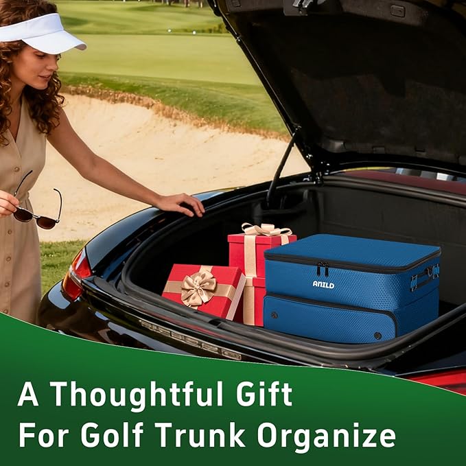 ANILD Golf Trunk Organizer, 2 Layer Golf Storage Case with Separate Ventilated Compartment for 2 Pair Shoes, for Balls, Tees, Clothes, Gloves, Accessories, Golfer Gifts