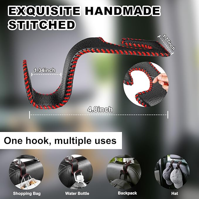 EldHus Car Seat Hooks for Purses and Bags, 4 Pack Car Purse Holder for Grocery Bag Handbag Clothes, Metal Headrest Hooks Covered by Leather, Black Red