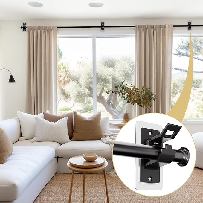 16PCS No Drill Curtain Rod Brackets, Self Adhesive Curtain Rod Holders, No Hole, Multipurpose Curtain Rod Hooks for Bathroom Living Room Kitchen and Bedroom (Black)