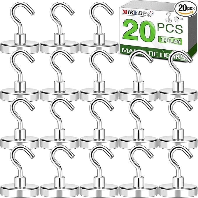 MIKEDE Magnetic Hooks 170Lbs Heavy Duty Earth Magnets with Hooks for Cruise Cabin Strong Magnet Hooks for Hanging Super Metal Magnetic Hanger for Grill Fridge Kitchen - Pack of 20