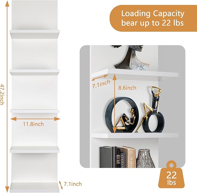 Homaterial 5 Tier Wall Shelf, Wall Mounted Shelves Unit for Living Room Bedroom, Floating Shelves Decor Organizer Tall(White), White