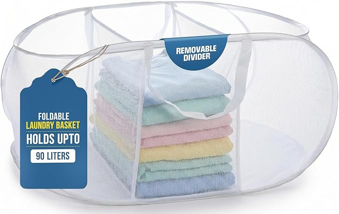 Handy Laundry Collapsible Laundry Basket, 3-Compartment Mesh Laundry Sorter, Foldable Pop Up Hamper with Handles, Space-Saving Durable Organizer for Dorm, Bedroom, Travel, White