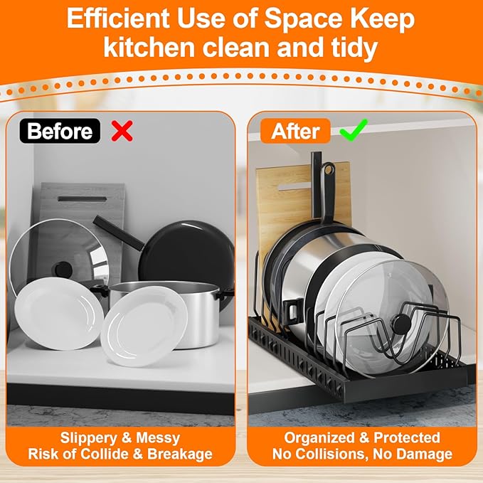 FLSEPAMB Pots and Pans Organizer for under Cabinet 2 Pack 10-Tier Pot Pull Out Cabinet Organizer Sliding Pot, Cabinet Pull Out Shelves with Two Types of Shelves for Pots, Lids, Bottles and Pans