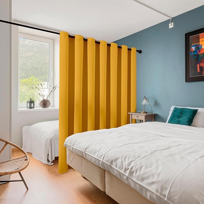 ChrisDowa Room Divider Curtain 90 Inches Long, Wide Blackout Sliding Door Curtain for Bedroom, Room Darkening Privacy Window Curtain for Patio Door (1 Panel Set, Mustard Yellow, 100 x 90 Inch)