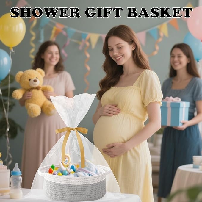 Small Woven Rope Basket-Empty Gifts Basket with Bag and Ribbons,Cute Handle Organizer Box for Birthday/Baby Shower, Toy Storage, Nursery Organizing & Shelf Decor(Grey)