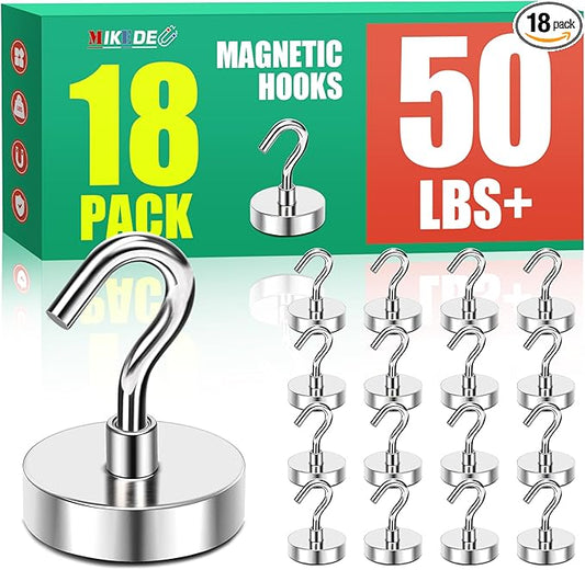 MIKEDE Magnetic Hooks,Strong Magnets Hooks Heavy Duty, Extra Strong Cruise Hook for Hanging, Industrial Metal Refrigerator Hooks for Cruise Cabins,Fridge, Kitchen,Grill-18 Pack- 50lbs