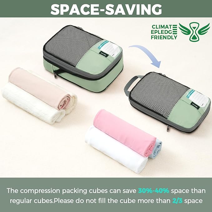 BAGAIL 4 Set/6 Set/8 Set Compression Packing Cubes Travel Accessories Expandable Packing Organizers(HalfMesh, 8-MatchaGreen)