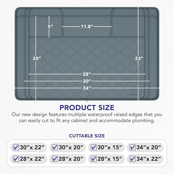 Premium Under Sink Mats for Kitchen Waterproof, 34" x 22" (Customizable to Smaller Sizes), Silicone Under Kitchen Sink Mat for Bathroom Cabinets, Holds up to 3.3 Gallons of Liquid – Grey