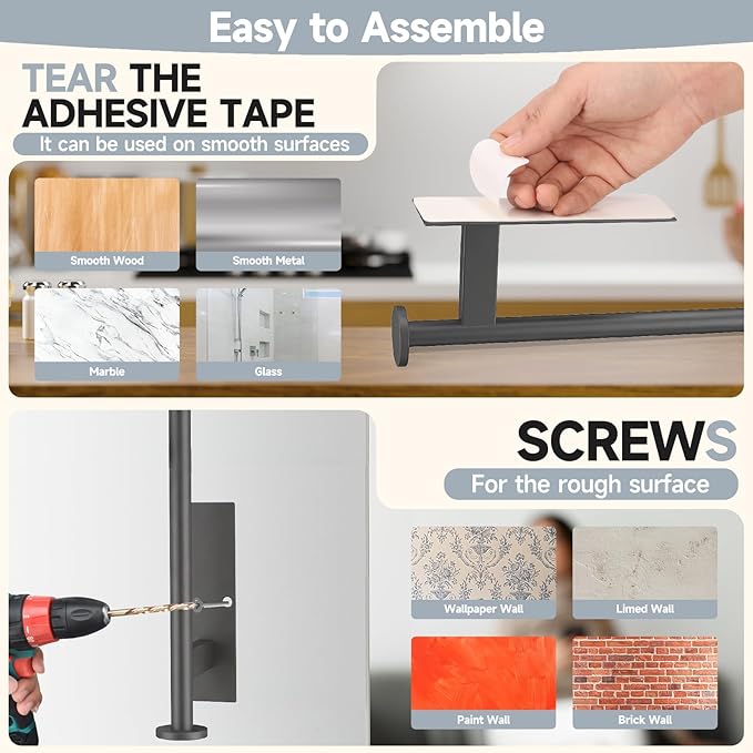 Paper Towel Holder Wall Mount - Self Adhesive No Drill or Drilling, SUS304 Stainless Steel - Kitchen, Bathroom, Sink, Pantry, Fridge (Grey)