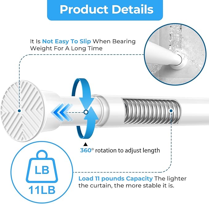 1pack Tension Curtain Rod 30 to 62 Inch, White Spring Tension Curtain Rod Adjustable Expandable Curtain Rod No Drilling, Spring Loaded Curtain Rods for Windows, Bedroom, Doorway Door, Closet