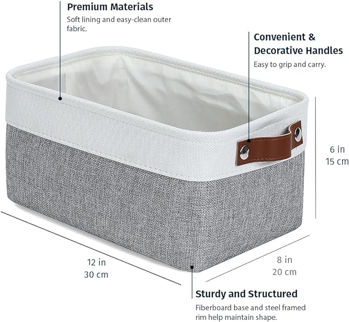 OrganiHaus Small Fabric Storage Baskets 6 Pack, 12x8in Cloth Storage Bins for Shelves, Small Baskets for Organizing Bathroom Pantry Closet, Canvas Shelf Baskets, Gray/Off-White