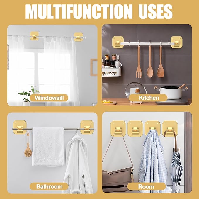 JHCJHC No Drill Curtain Rod Brackets - 20LB, 6 Pack Self Adhesive Curtain Rod Holder, Peel and Stick Wall Hooks, Renter Friendly Upgrades for Apartment, Kitchen, Bathroom, Dorm, Living Room and RV