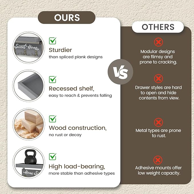buways Key Holder Wall Mount with 4 Double Hooks-Solid Wood Wall-Mounted Organizer for Keys&Mail Rustic Key Rack Hanger Holder Home Decor for Entryway Living Room (Gray)