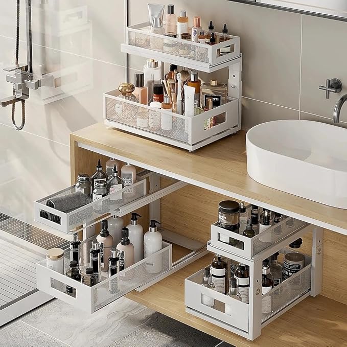 1 Pack Under Sink Organizer with Next-Gen Ball-Bearing Slides,2-Tier Pull Out Cabinet Storage,Height Adjustable Drawer Shelf for Bathroom,Kitchen,Laundry,Cabinet,Pantry-White