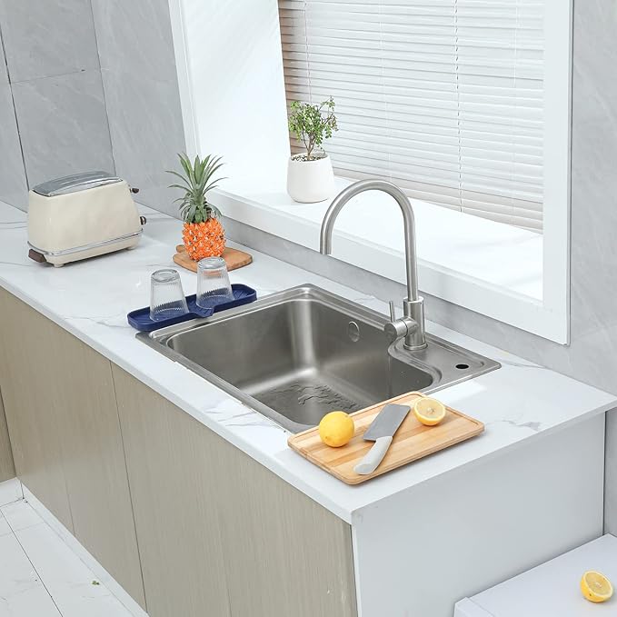 MicoYang Silicone Soap Dish with Drain Spout — Self-Draining Double Sink Organizer Tray for Kitchen & Bathroom, Dispensers, Sponges & Soap Holder, Non-Slip & Dishwasher Safe, Navy Blue (Large, 12"×4")