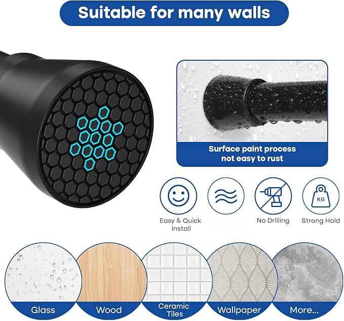 Shower Curtain Rod Adjustable Curtain Rods 30-64 Inch Black Shower Rod Curtain Rods no Drilling Expandable Tension Curtain Rod Spring Rod for Bathroom Closet Doorway Windows