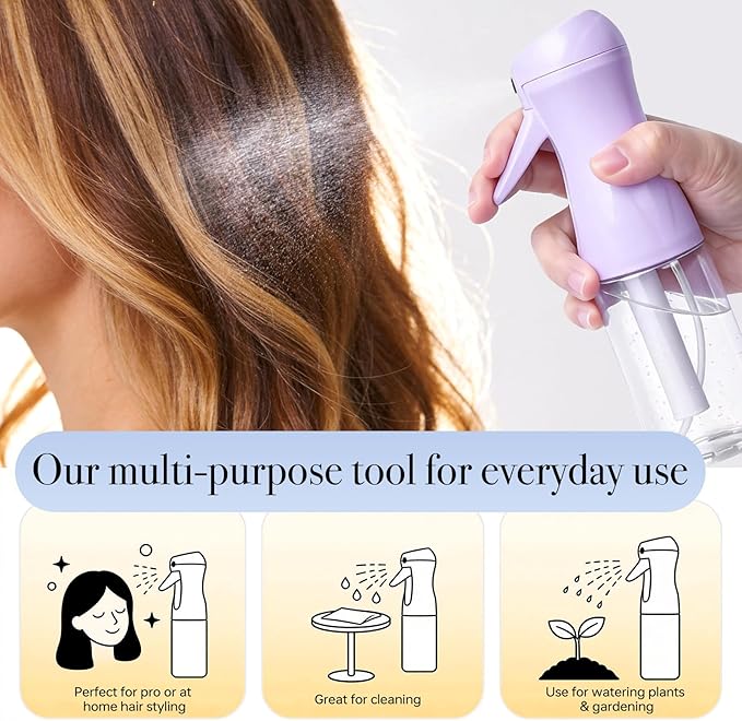 3Pcs Continuous Spray Bottles For Hair,Ultra Fine Mister for Hair Styling, Plants, Cleaning, Salon, Misting & Skin Care (200ML Green+Pink+Purple)
