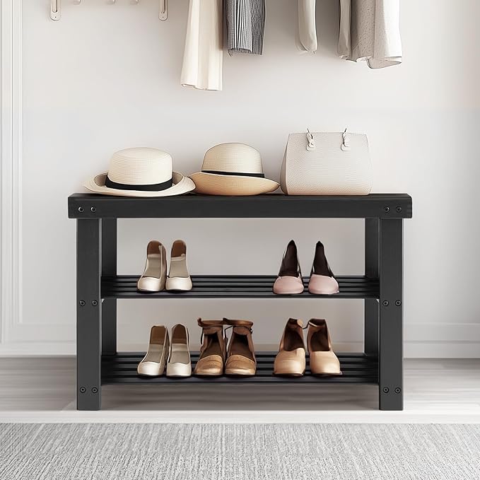 Sweetcrispy 3-Tier Shoe Rack Bench, Bamboo Entryway Storage Organizer, Shoes Stand for FrontDoor Entrance, Bedroom, Living Room, 286lb Capacity, 11.3 x 27.6 x 17.8 Inches, Pitch-Black