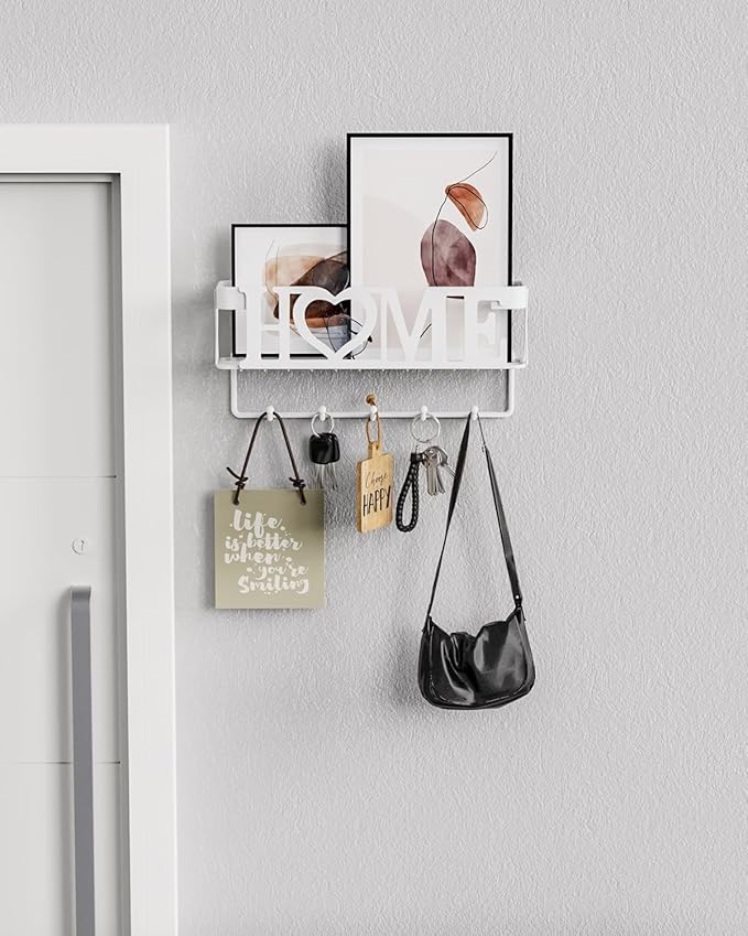Key Holder Wall Mount - Adhesive Key Holder with 5 Hooks, Key Rack and Mail Organizer, Metal Basket Key Hanger for Entryway, Home, Living Room Decor, 11" L×2.8" W×4.9''H(White)
