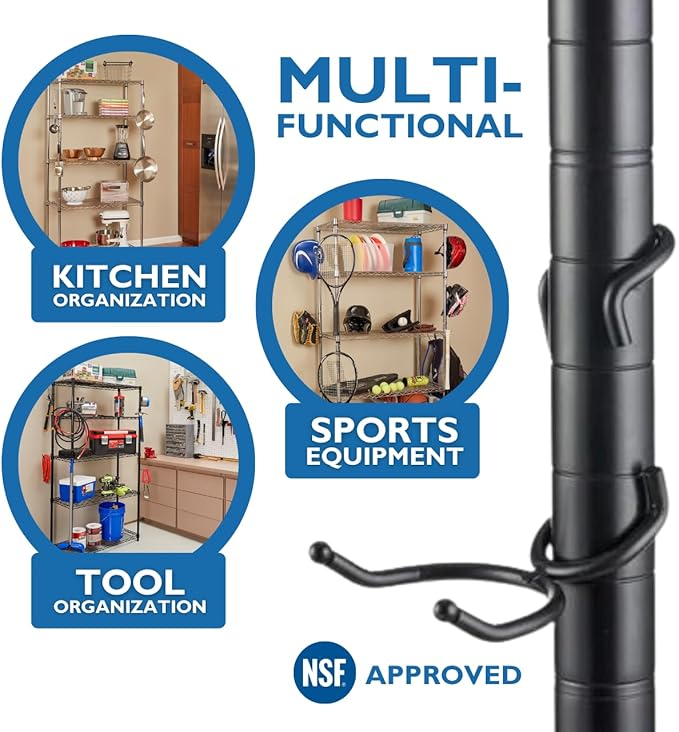 Shelf Pole Hooks | 5-Pack Black C & Utility Hooks | Snap-On Hanging Hooks for 1" Wire, Metal & Metro Shelving | Heavy Duty Garage, Pantry, Basement & Workshop Storage Hooks