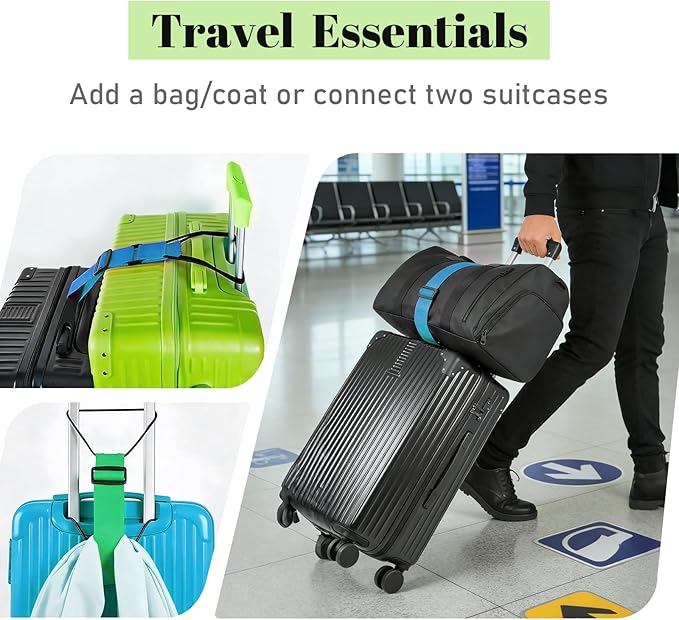 Multi Use Strong Adjustable Luggage Connector Straps for Suitcases,2 Pack Flexible Luggage Accessories Elastic Fastening Bag Strap (Blue and Green)