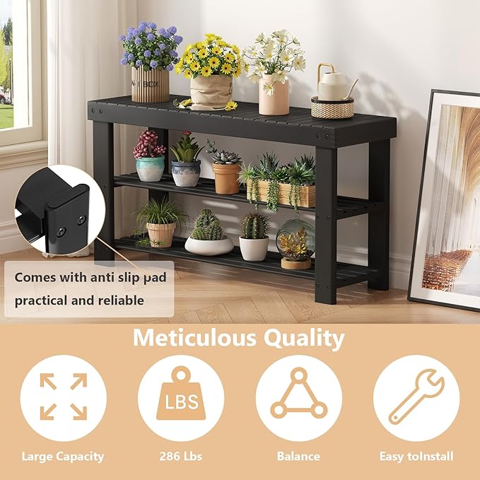 Sweetcrispy Shoe Rack Bench, 3-Tier Bamboo Entryway Storage Organizer, 286lb Capacity, Shoes Stand for FrontDoor Entrance, Bedroom, Living Room, Bathroom, Balcony, 35 Inches Length, Black
