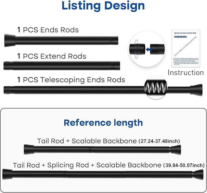 Black Tension Rods for Windows 28 to 48 Inch 4Pack Spring Curtain Rod Tension Curtain Rod Expandable Pressure Shower Curtain Rod Tension No Drill Adjustable Curtain Rods for Bathroom,Doorway,Door