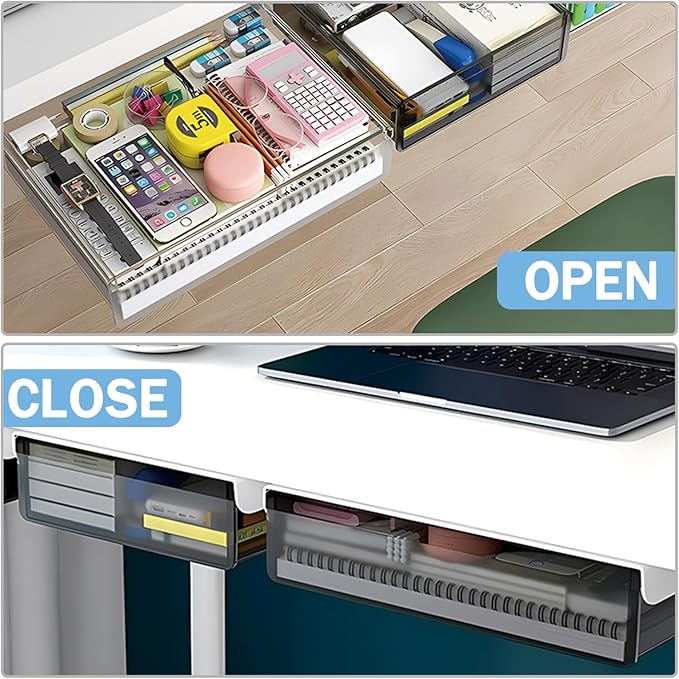 Large Under Desk Table Drawer Storage Organizer A4, Hidden Self-Adhesive Under Desk Pencil Tray Drawer for Office (Clear Black/L)