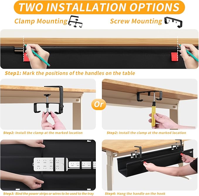 No Drill Under Desk Cable Management Tray, 36" Cord Organizer with Clamp, Fabric Cable Management for Standing Desks, Ideal for Home & Office - Black