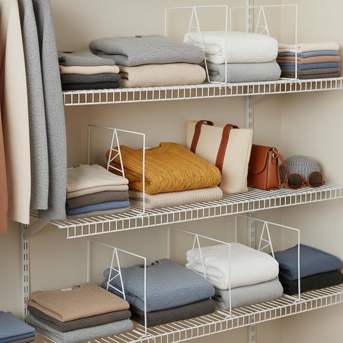 Wire Shelf Dividers - White Closet Organization & Storage Organizer - No Tool Shelf Divider for Wire Shelves - Metal Shelf Accessories – for 16“ Deep Wire Shelves – Tall 12” Height – 8 Pack