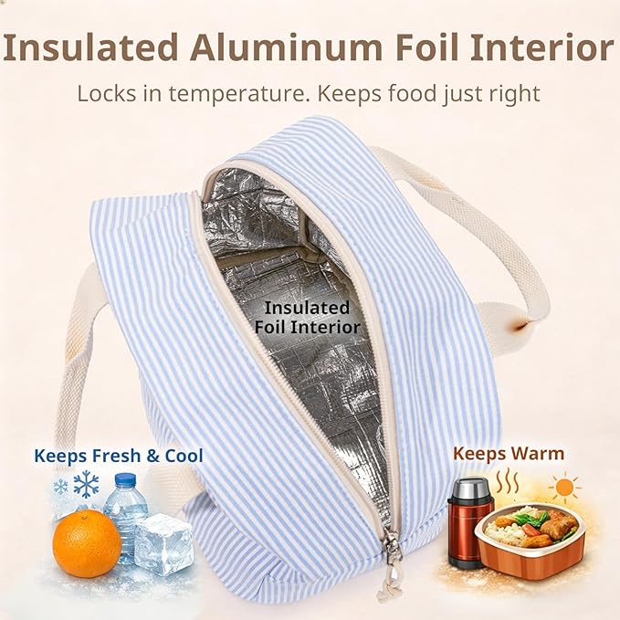LOVELYWIND Insulated Lunch Bag for Women, Reusable Blue Striped Lunch Box Cooler Bag with Large Capacity, Durable Lunch Tote for Work