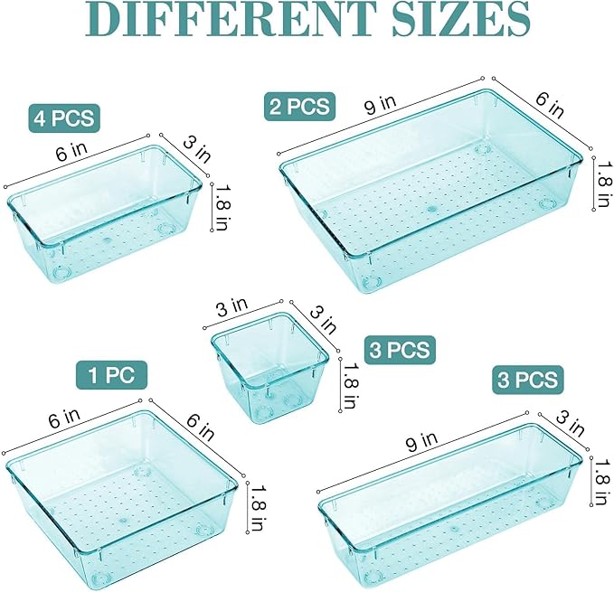 13 PCS Drawer Organizer Set, 5 Varied Size Bathroom and kitchen Drawer cabinet organizer Trays, Clear Storage Bins for Makeup, Jewelry, Utensils and Gadgets