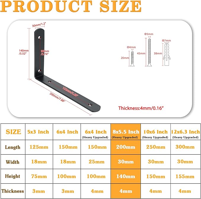 Alise Floating Shelf Brackets,Stainless Steel Black Bracket for Shelves,Heavy Duty L Bracket Corner Brace for Wooden Board Hanging Support,8x5-3/5 Inch(Upgraded,Pack of 4)