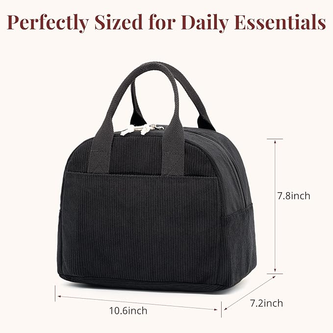 LOVELYWIND Insulated Black Lunch Bag for Men Women, Stylish Corduroy Tote with Aluminum Lining, Large Capacity Reusable Cooler for Work, Travel, Beach or Picnic, Soft Black Water-Resistant Lunch Box