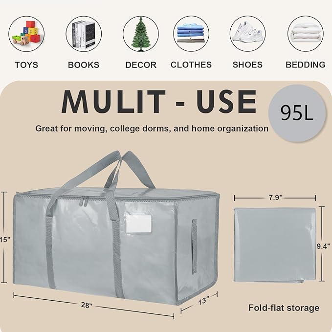 4 Pack-Extra Large Heavy Duty Moving Bags - Waterproof Storage Totes with Handles & Zippers, Foldable for College Dorm, Storage (light gray)