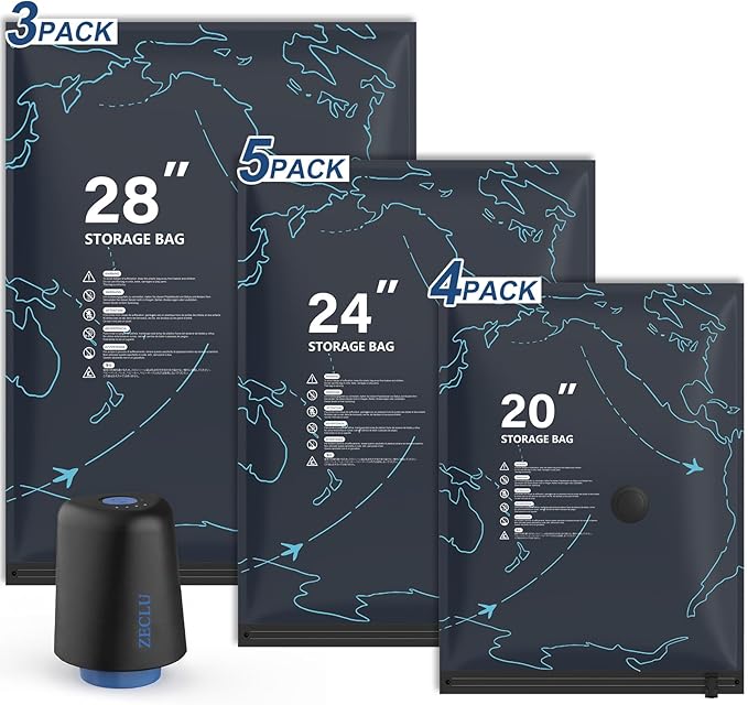 12 Pack Travel Vacuum Storage Bags with USB-C Pump & 0.08mm Anti-Burst Shield - for Luggage, Moving & Dorm Organization, Saves 80% Space, Airtight Double-Zip, 20"/24"/28" Set