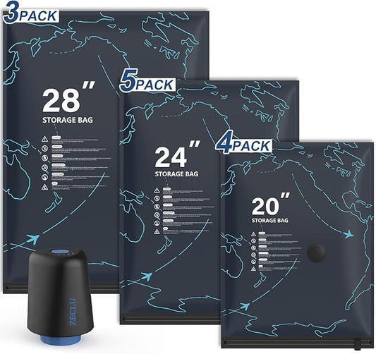 12 Pack Travel Vacuum Storage Bags with USB-C Pump & 0.08mm Anti-Burst Shield - for Luggage, Moving & Dorm Organization, Saves 80% Space, Airtight Double-Zip, 20"/24"/28" Set