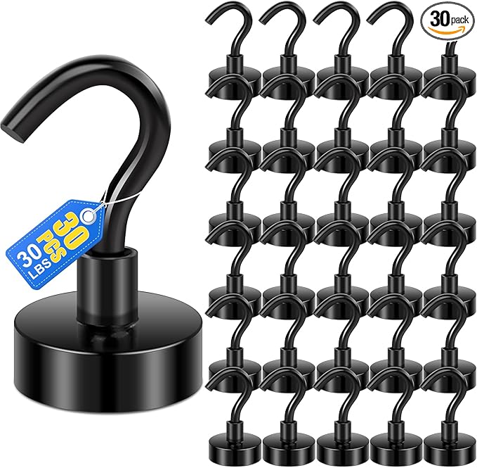 LOVIMAG Magnetic Hooks，30Lbs Magnets with Hooks for Cruise, Black Magnetic Hooks for Hanging, Fridge, Classroom, Refrigerator, Ceiling, Office, Kitchen. Grill, Garage-30Pack