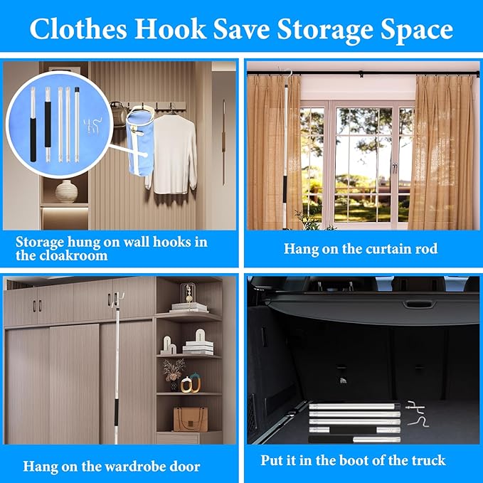 Clothes Hook Pole Heavy Duty,32 to 80In Retail Clothing Hook Pole Long Handle with 2 Hooks Hanging Birdfeeder Frosted Tube Extension Pole to Reach High Hangers for Turck (Silvery 80in)