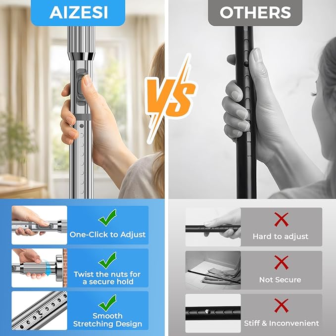AIZESI 41-124 Inch Heavy Duty Silver Tension Curtain Rod - No Drilling, Adjustable, Rust-Proof for Outdoor, Living Room, Bathroom