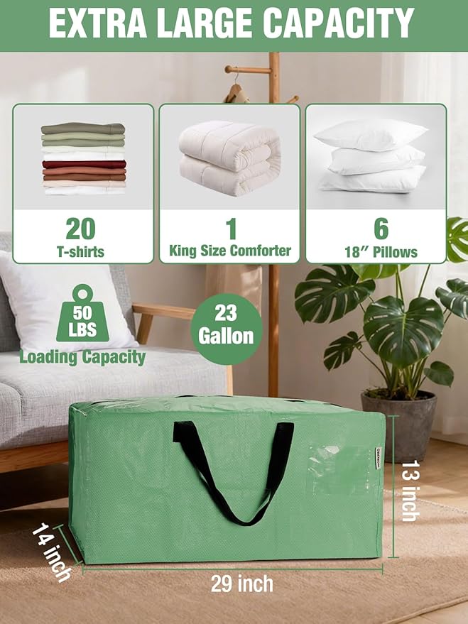 WORKPRO 1 Pack Extra Large Moving Bags with Zippers & Carrying Handles Backpack Straps, Heavy-Duty Storage Tote for Space Saving & Storage, Alternative to Moving Box (Green)