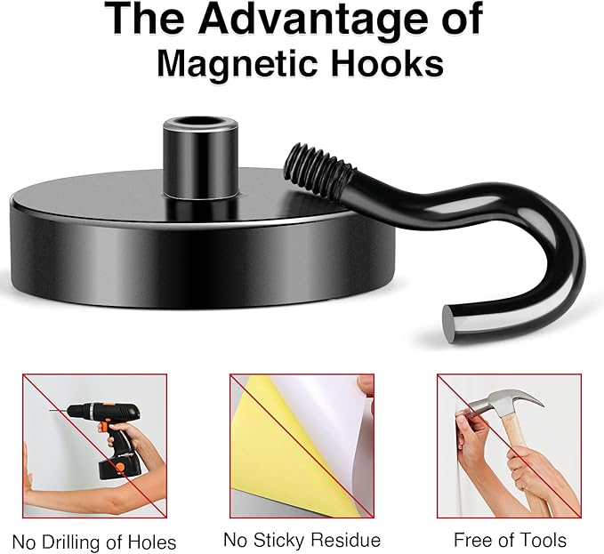 MIKEDE Black Magnetic Hooks 120Lbs Heavy Duty Earth Magnets with Hooks for Cruise Cabin Strong Magnet Hooks for Hanging Super Metal Magnetic Hanger for Grill Fridge Kitchen - Pack of 4