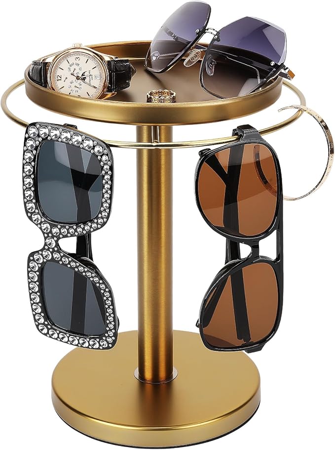 kondyfayo 360° Rotating Sunglass Organizer Storage, Stainless Steel Glasses Holder Stand, Glasses Organizer with Tray for Desk, Dresser, Tabletop, Nightstand and Home Decor (Gold)