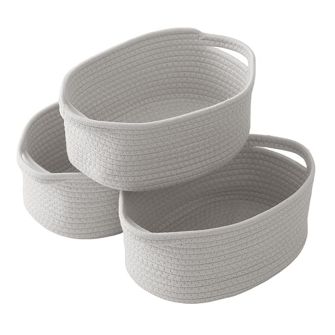 3 Pack Small Woven Rope Basket-Empty Gifts Basket with Bag and Ribbons,Cute Handle Organizer Box for Birthday/Baby Shower, Toy Storage, Nursery Organizing & Shelf Decor(Grey)